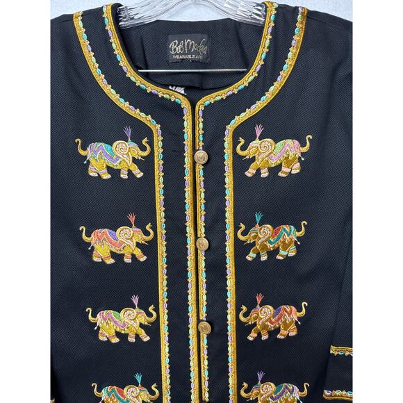 Bob Mackie wearable art black coat embroidered Elephants gold logo buttons large - Picture 14 of 16